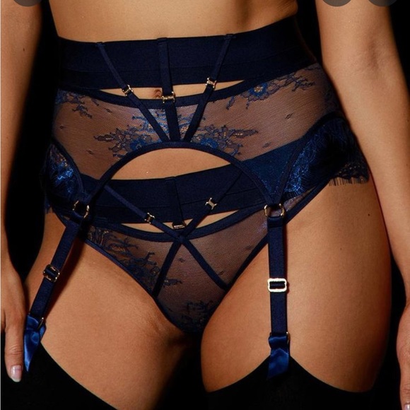 navy garter belt Fleur Du Mal Elara Embroidery Garter Belt